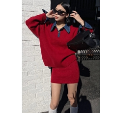 批发翻领拼接牛仔领韩版时尚短裙两件套