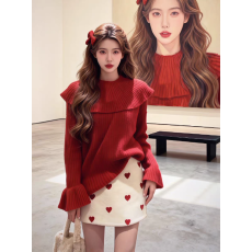 批发新年红<b class='q'>荷叶边</b>领<b class='q'>毛衣</b>女秋冬新款温柔慵懒风宽松显瘦百搭针织衫上衣