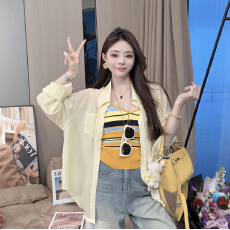 批发拼接多巴胺设计女士修身打底吊带背心薄款防晒<b class='q'>衬衫</b>