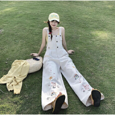 批发卡通小狗刺绣<b class='q'>背带裤</b><b class='q'>女</b>夏季新款减龄可爱显瘦直筒阔腿吊带连体长裤