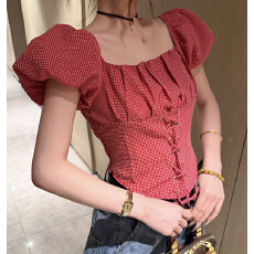 批发夏季新款时尚<b class='q'>百搭</b>不规则系带褶皱格子收腰方领显瘦上衣女