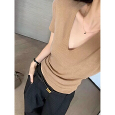 批发老钱风正肩v领针织短袖t恤女