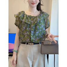 批发法式复古碎花短袖衬衫女