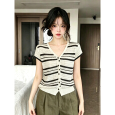 批发薄款条纹v领冰丝短袖针织<b class='q'>开衫</b>