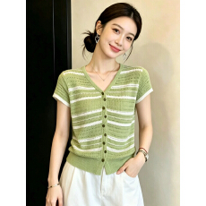 批发薄款条纹v领冰丝短袖针织<b class='q'>开衫</b>