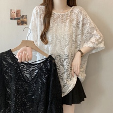 批发实拍 大码胖MM韩版简约百搭纯色V领套头宽松型蕾丝衫上衣女