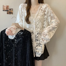 批发实拍 大码春秋韩版简约百搭纯色V领开衫宽松型蕾丝衫叠穿上衣女