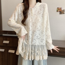 批发实拍 <b class='q'>大码</b>韩系甜美简约镂空设计感连帽法式蕾丝衫打底衫