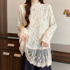 批发实拍 <b class='q'>大码</b>韩系甜美简约镂空半高领法式蕾丝衫叠穿<b class='q'>打底衫</b>