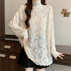 批发实拍 <b class='q'>大码</b>春秋韩版简约百搭纯色高领套头宽松型蕾丝衫叠穿打底