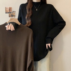 批发实拍 大码韩系高级简约百搭<b class='q'>宽松</b>遮肉半高领纯色套头针织<b class='q'>打底衫</b>