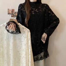 批发实拍 <b class='q'>大码</b>韩系甜美简约镂空半高领法式蕾丝衫叠穿打底衫