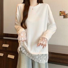 批发实拍 大码女装韩系简约百搭圆领拼接蕾丝花边加绒打底T恤