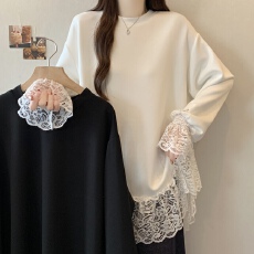 批发实拍 大码女装韩系简约蕾丝花边叠穿打底T恤打底衫