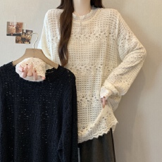 批发实拍 大码韩系甜美简约<b class='q'>镂空</b>圆领法式蕾丝<b class='q'>衫</b>叠穿打底<b class='q'>衫</b>