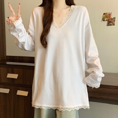 批发实拍 大码女装韩系简约V领拼接<b class='q'>蕾丝</b>加绒打底叠穿<b class='q'>T</b><b class='q'>恤</b>加绒