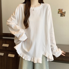 批发实拍 大码春<b class='q'>秋</b>百搭木耳边纯色圆领打底叠穿磨毛T恤上衣女