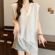 批发实拍实价 大码早春格纹面料叠穿打底蕾丝花边背心上衣