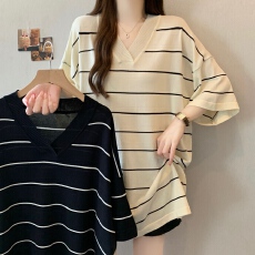 批发实拍 大码女装简约V领显瘦设计感条纹T恤<b class='q'>针织衫</b>