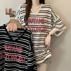 批发实拍 大码女装韩系条纹宽松显瘦T恤上衣