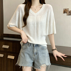 批发实拍 大码女装韩系V领显瘦蝙蝠袖宽松针织衫