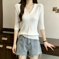 批发实拍 大码女装法式V领修身显瘦正肩针织衫上衣