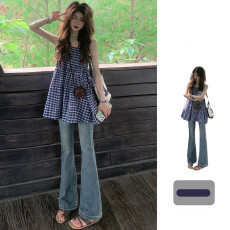 批发原版面料工艺-现货-韩版蓝色<b class='q'>格子</b>抹胸背心女两穿