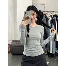 批发淘宝官图-韩系圆领长袖<b class='q'>纯棉</b><b class='q'>打底衫</b>女修身灰色T恤淡人穿搭初秋上衣