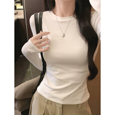 批发淘宝官图-<b class='q'>纯棉</b>正肩圆领长袖t恤女春秋修身显瘦<b class='q'>打底衫</b>收腰紧身上衣