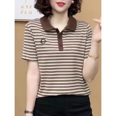 高档夏季女装时尚翻领条纹短袖T恤polo领胖mm休闲宽松百搭打底衫