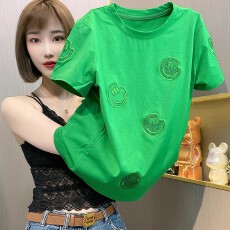 批发2026夏季<b class='q'>新款</b>绿色笑脸刺绣圆领短袖t恤上衣女宽松纯棉小衫T<b class='q'>欧洲站</b>