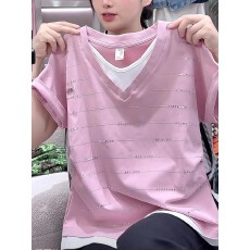 批发<b class='q'>假两件</b>粉色烫钻纯棉短袖T恤女2026夏季新款遮肉显瘦遮肉洋气<b class='q'>上衣</b>
