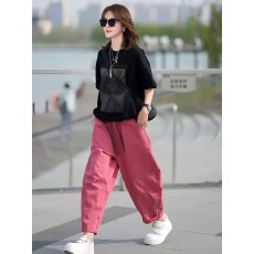 批发气质撞色印花圆领T恤+<b class='q'>哈伦裤</b><b class='q'>套装</b>2026夏季宽松遮肉两件套上衣裤子