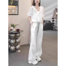 批发2026夏季新款女士白色休闲<b class='q'>运动服</b>套装<b class='q'>宽松</b>薄款防晒衣工装裤两件套