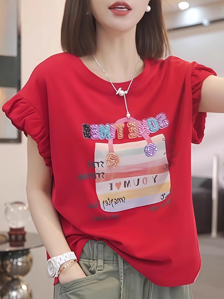 FA33379# 小飞袖纯棉短袖夏季新款韩系百搭宽松显瘦超好看亮片印花上衣 服裝批發女裝批發服飾貨源