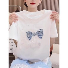 批发蝴蝶结气质印花撞色正肩上衣2026夏季新款<b class='q'>韩版</b>大码白色短袖T恤女