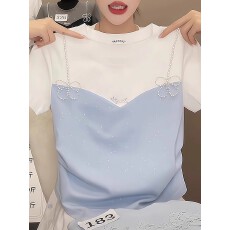批发欧货重工钉珠蝴蝶结正肩短袖<b class='q'>T</b><b class='q'>恤</b>女夏季2026设计感减龄假两件上衣