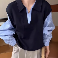 批发棉Polo翻领拼接<b class='q'>衬衫</b>长袖上衣潮2025春秋新款宽松洋气假两件卫衣女