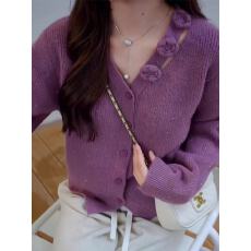 批发秋冬小香风穿搭2025超火高级感减龄紫色立体花朵v领针织<b class='q'>开衫</b>毛衣