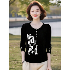 批发时尚<b class='q'>大码</b>长袖t恤女2026春秋季新款妈妈装显瘦<b class='q'>印花</b>字母纽扣上衣吵