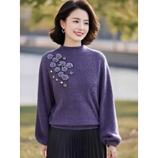 批发春秋女士优雅长袖减龄独特<b class='q'>毛衣</b>套头2026精致立体花朵<b class='q'>妈妈</b>装针织衫