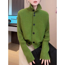 批发法式复古高领绿色春秋针织开衫女新款<b class='q'>气质</b>高级感纽扣毛衣外套上衣