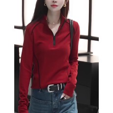 批发时髦减龄打底衫上衣女2025秋冬<b class='q'>新款</b>时尚洋气中国红半拉链内搭长袖