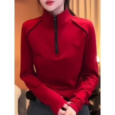 批发欧货时髦洋气圣诞红色<b class='q'>立领</b>半拉链长袖打底衫上衣女2025秋冬保暖衣