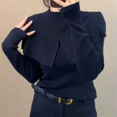 批发轻熟风拼接假两件半高领毛衣女春秋高级感保暖漂亮简约套头针织衫