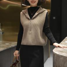 批发连帽休闲复古无袖毛衣半拉链针织马甲女秋<b class='q'>冬</b>针织坎肩宽松保暖马甲