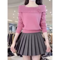 批发法式一字肩温柔粉红色创意立体花朵针织衫女秋冬<b class='q'>显瘦</b>气质软糯上衣