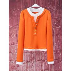 批发秋冬撞色假两件显瘦长袖<b class='q'>t</b><b class='q'>恤</b>女别致桔色单排扣百搭内搭打底衫上衣