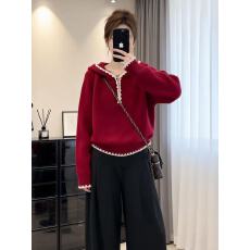 批发撞色花边新年红拼接半拉链连帽毛衣女2025秋冬慵懒风好看洋气上衣