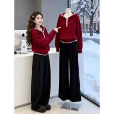 批发森系文艺撞色连帽毛衣女2025新款秋冬季高级感新年穿搭针织衫上衣